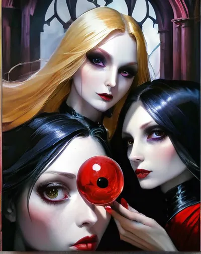 three women with blood on their faces holding a red orb, jana brike art, adrian borda, anna dittman, benjamin lacombe, glitchcor...