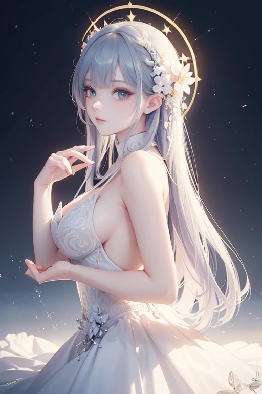 (Masterpiece:1.2), Best Quality, (illustration:1.2), (ultra detailed), hyper details, (delicate detailed), (intricate details), (cinematic light, Best Quality Backlights), Delete line, soloist, perfect body, (1 girl), She was like April sky, Sunrise in her eyes,  of light, Shining star, Fire in her heart, Brightest day, Melting snow, Breaking through the chill, (make up), High contrast, (better lighting, an extremely created and beautiful), (cinematic light), showy,