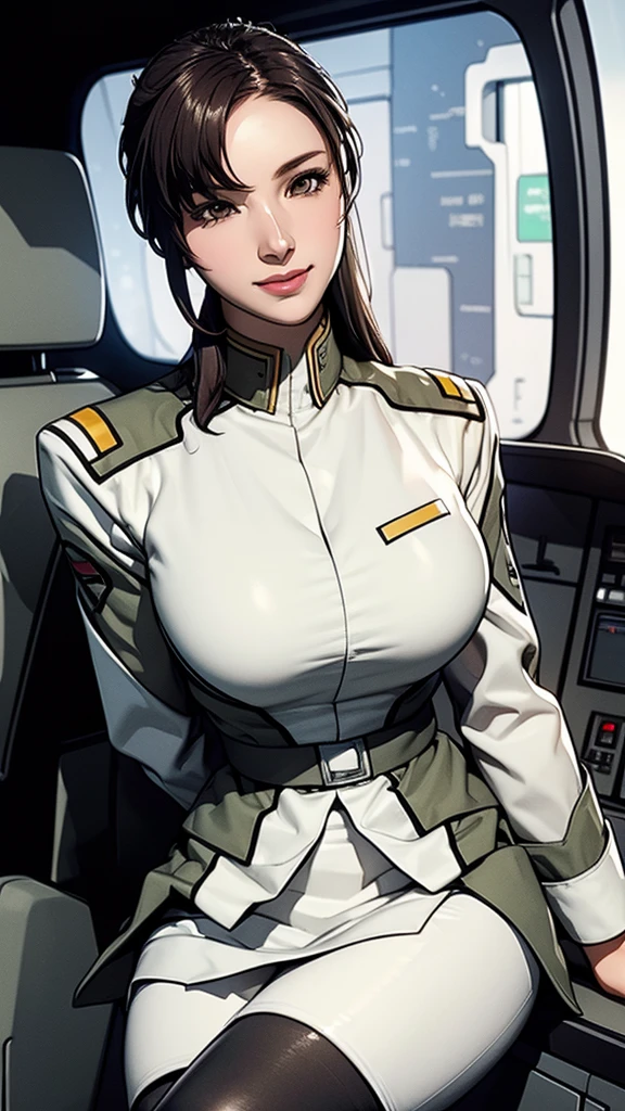 masterpiece, best quality, High resolution, Calm 1, 1 girl, alone, (Black_pantyhose:1.1), army uniform, army, cosmetics, White shirt,  White Skirt, tight skirt, sitting, Upper Body, cockpit, space, Smile，Large Breasts