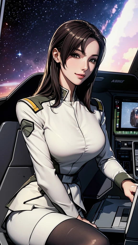 masterpiece, best quality, High resolution, Calm 1, 1 girl, alone, (Black_pantyhose:1.1), army uniform, army, cosmetics, White shirt,  White Skirt, tight skirt, sitting, Upper Body, cockpit, space, Smile，Large Breasts