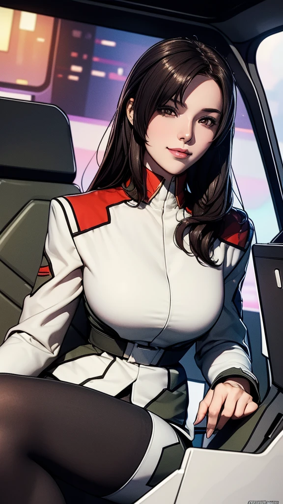 masterpiece, best quality, High resolution, Calm 1, 1 girl, alone, (Black_pantyhose:1.1), army uniform, army, cosmetics, White shirt,  White Skirt, tight skirt, sitting, Upper Body, cockpit, space, Smile，Large Breasts