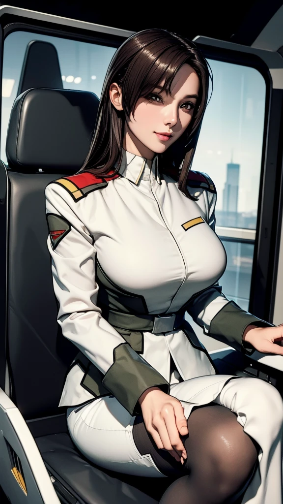 masterpiece, best quality, High resolution, Calm 1, 1 girl, alone, (Black_pantyhose:1.1), army uniform, army, cosmetics, White shirt,  White Skirt, tight skirt, sitting, Upper Body, cockpit, space, Smile，Large Breasts