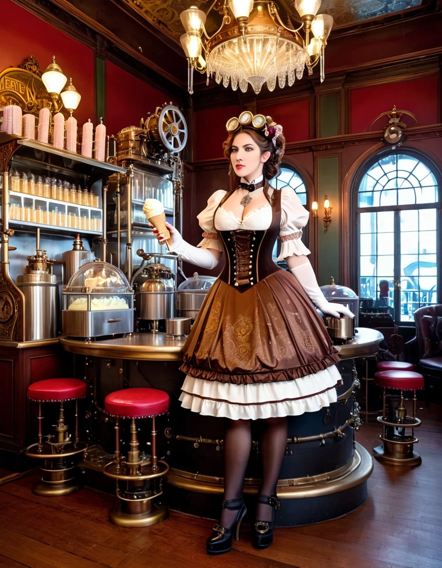 Uma garota steampunk com vestido adornado com equipamentos e sorveteiras mecânicas, em uma sobremesa vitoriana.