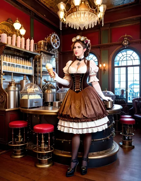 A steampunk girl with gear-adorned dress and mechanical ice cream makers, in a Victorian dessert parlor.