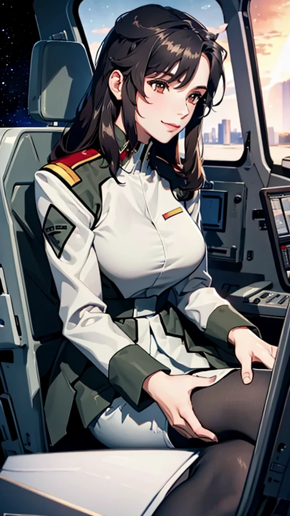 masterpiece, best quality, High resolution, Calm 1, 1 girl, alone, (Black_pantyhose:1.1), army uniform, army, cosmetics, White shirt,  White Skirt, tight skirt, sitting, Upper Body, cockpit, space, Smile，Large Breasts