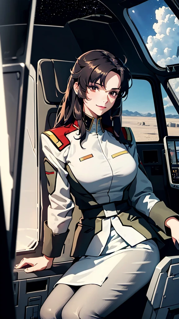 masterpiece, best quality, High resolution, Calm 1, 1 girl, alone, (Black_pantyhose:1.1), army uniform, army, cosmetics, White shirt,  White Skirt, tight skirt, sitting, Upper Body, cockpit, space, Smile，Large Breasts