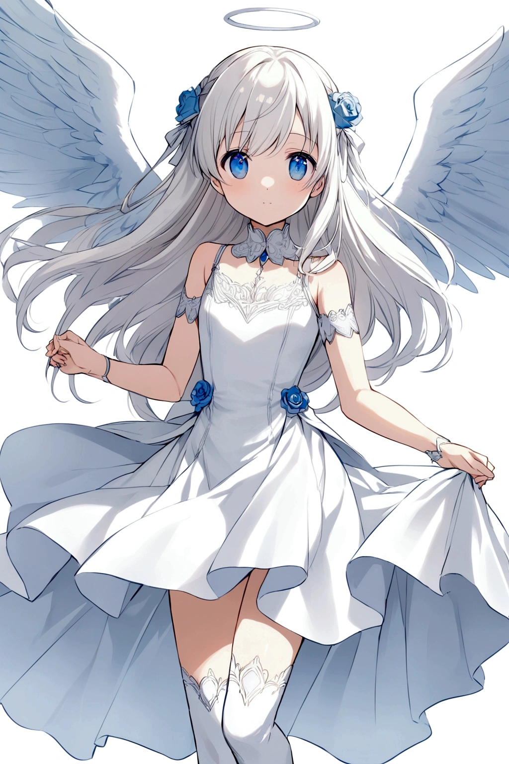 Anime girl with long white white hair blue eyes angel wings, white silk  dress kn - SeaArt AI