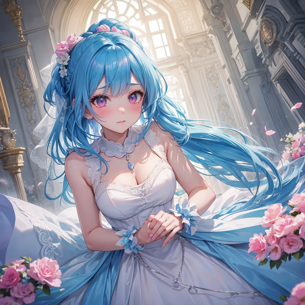 Sky blue hair, (Braided Ponytail),(Pink Eyes),Fair skin ,(whole body),(1 Girl),bride,blush,Straight bangs, 6月のbride,Wedding dress,(masterpiece, Highest quality, Super detailed, Best Shadow), (Detailed Background), (Beautifully detailed face), High Contrast, (Best lighting, Very delicate and beautiful), ((Cinematic Light)), colorful, Hyper Detail, Dramatic Light, Intricate details,Wedding hall,