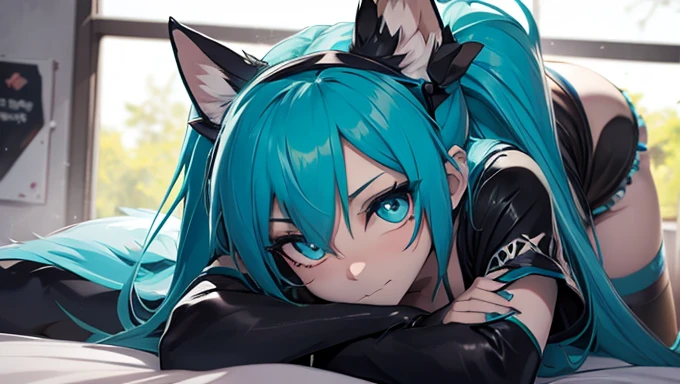 Miku Hatsune, add high definition_detail:1, blue fur,kitsune ears, tribal tattoo add_detail:1 cute high school clothes, pretty girl add_detail:3 18 year old girl, short black lycra, black metal t shirt, flirty look add_detail:3,  lying on a bed right mediolateral position, leans on his arm add_detail:1