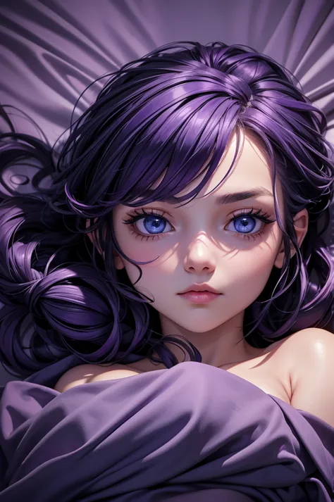 Italian girl, solo, 25 years old, blue eyes, short black hair tied up, purple hair highlights, slim, busty, sleeping in a bed, b...