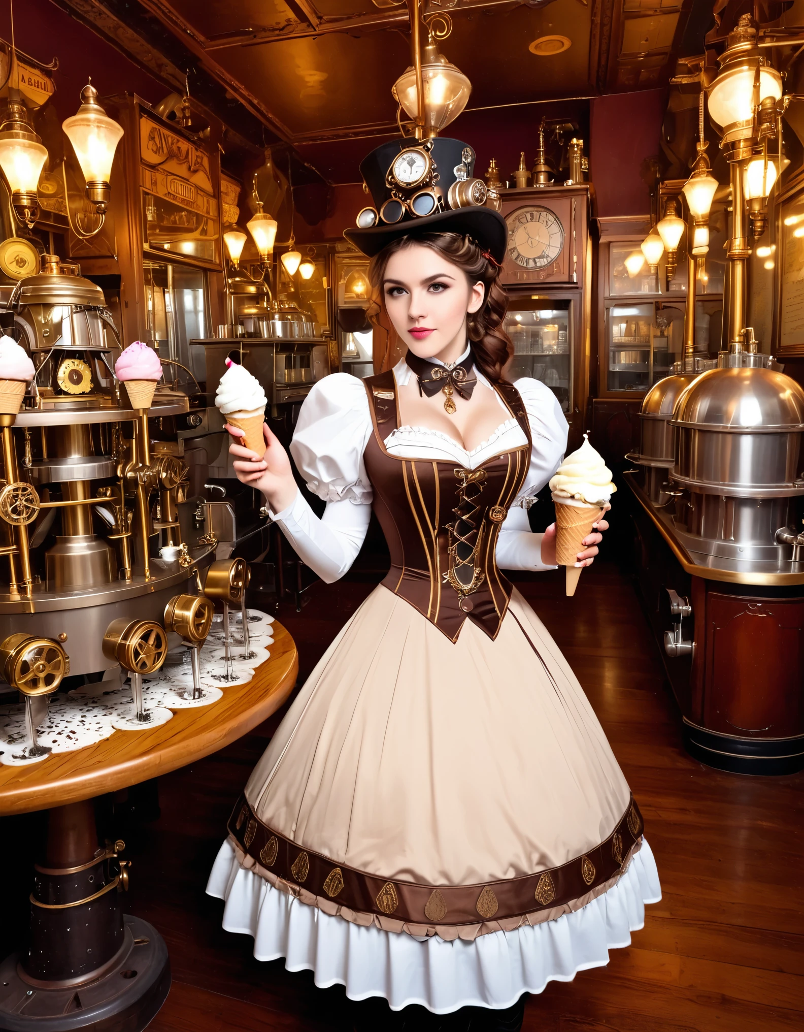 Ein Steampunk-Mädchen mit zahnradgeschmücktem Kleid und mechanischen Eismaschinen, in einer viktorianischen Dessertbar.