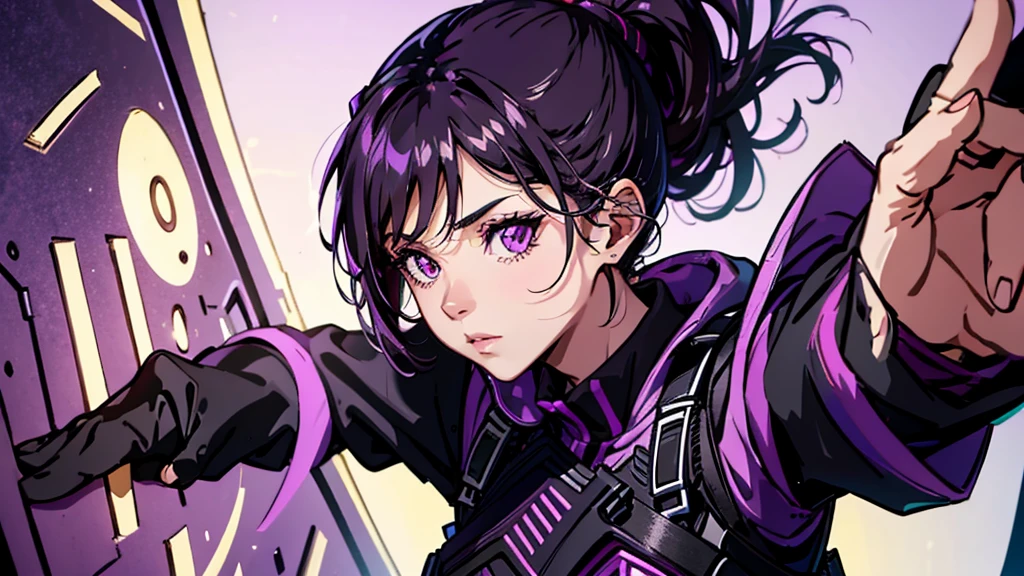 One girl, Dark hair with purple strands, Ponytail, purple eyes, black outfit,wearing bulletproof vest,background white, reference sheet,model sheet, masterclass,refined,masterpiece,8k,sharp,clean.