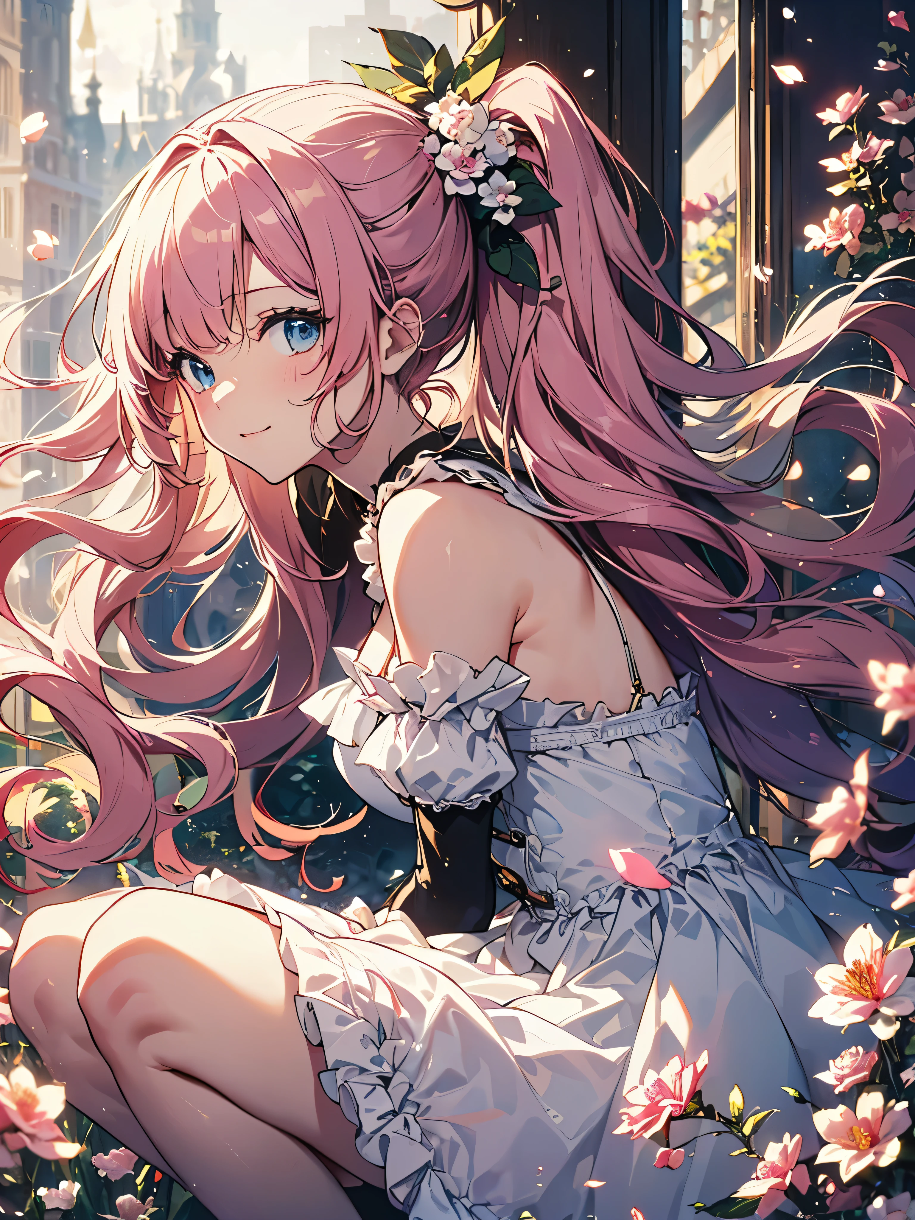 (((Ultra gorgeous  beautiful dress is rococo style bawlgawn with, hoopskirt and long hems))), (solo lady:1.2) is cute and very beautiful, (fluffy ponytail pink hair:1.2:Expressive hair:1.2:very voluminous long hair:1.2), bangs, happy smile, ((huge breasts)), (cowboy shot, from side view), (squat:1.2), (moe anime art style:1.1), (dutch angle:1.5), (masterpiece:1.2:ultra detailed:1.2), (an extremely delicate and beautiful:1.2), (depth of field:1.9), (blurry background:1.2), ((so many colorful flowers)), ((Flowing petals))