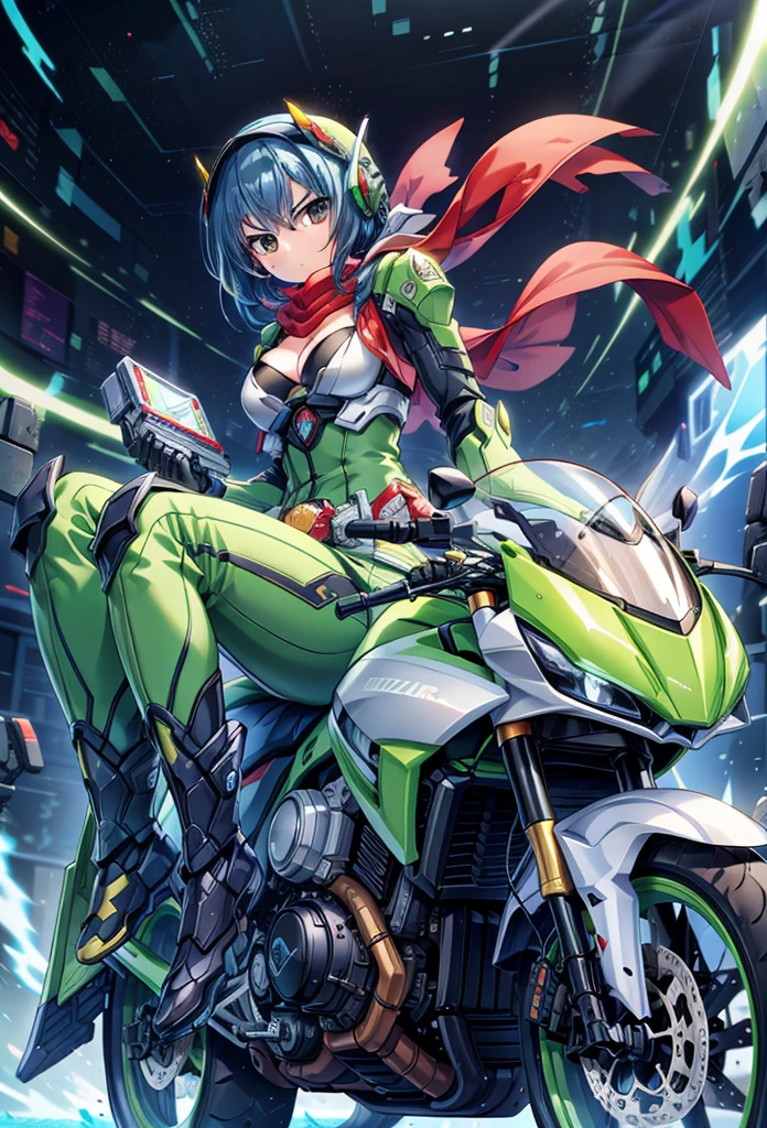 (masterpiece:1.2), best quality, high resolution, extremely detailed CG, absurdres, highres,1girl, solo, (serious:1.3), henshin belt, ((dark_blue_hair)), mecha belt, headgear, (red_scarf), black and green powersuit, white armor, on a cyber motorcycle, thighs, cleavage, blue_hair, red_scarf, mecha_armored, mecha_belt, headgear