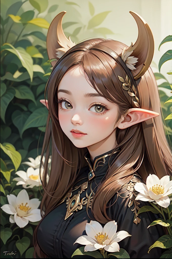 portrait of a mature woman, elf ears ,  with flowers in hair, (1girl, petite), epic, 17th,oil painting old master, perfect composition, filigree, sharp colors, hyperrealistic, detail,dynamic light, cinematic light,unfocused background of luxurious garden ,big 
oil paint,