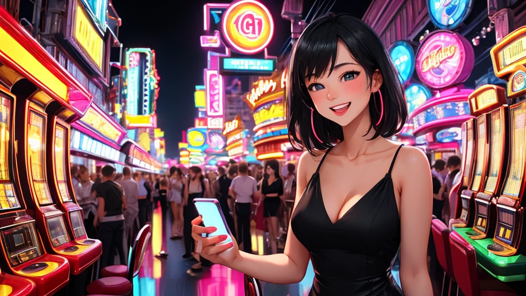 Masterpiece, best quality, 1 dealer girl, alone, look at mobile phone, chest, mature woman, collarbone, Random Hairstyles, cyberpunk, neon light, In the building, Casino, Big wheel of fortune, play mobile phone, black tight dress, depth of field, playful mood,Big smile