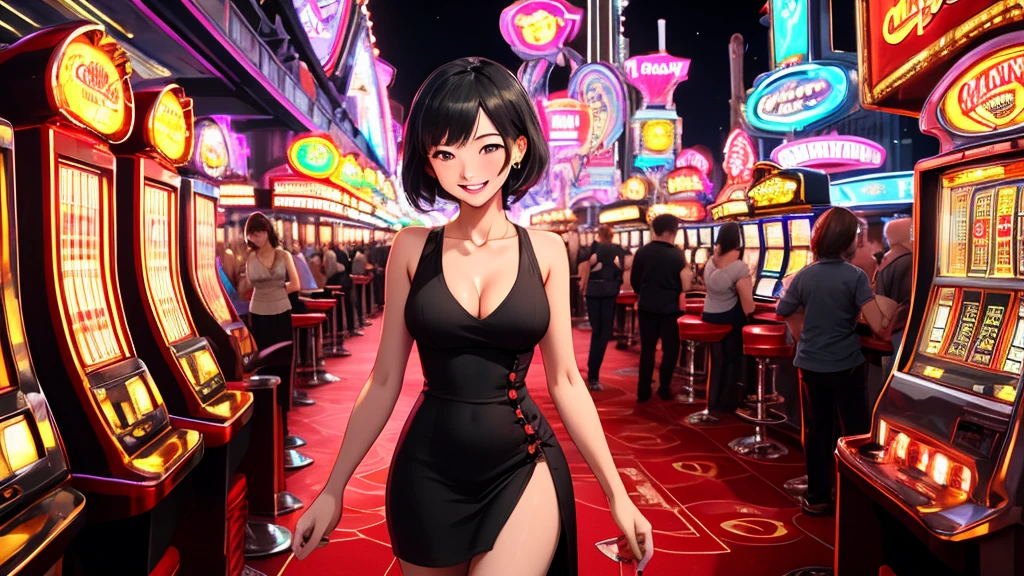 Masterpiece, best quality, 1 dealer girl, alone, look at mobile phone, chest, mature woman, collarbone, Random Hairstyles, cyberpunk, neon light, In the building, Casino, Big wheel of fortune, play mobile phone, black tight dress, depth of field, playful mood,Big smile