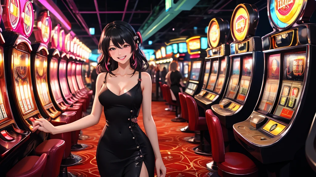 Masterpiece, best quality, 1 dealer girl, alone, look at mobile phone, chest, mature woman, collarbone, Random Hairstyles, cyberpunk, neon light, In the building, Casino, Big wheel of fortune, play mobile phone, black tight dress, depth of field, playful mood,Big smile