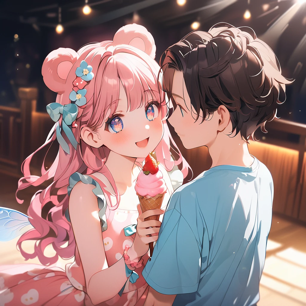 A lovely couple, long haired girl, short haired boy, brown slightly curly hairstyle, anime big eyes, sparkling eyes, super cute, wearing cute strawberry bear clothes, pink and white strawberry bear flower clothing, strawberry ice cream, romantic charm, fairy tale anime style, kawaii art, warm background, ultra-high definition image quality, natural light, laser set