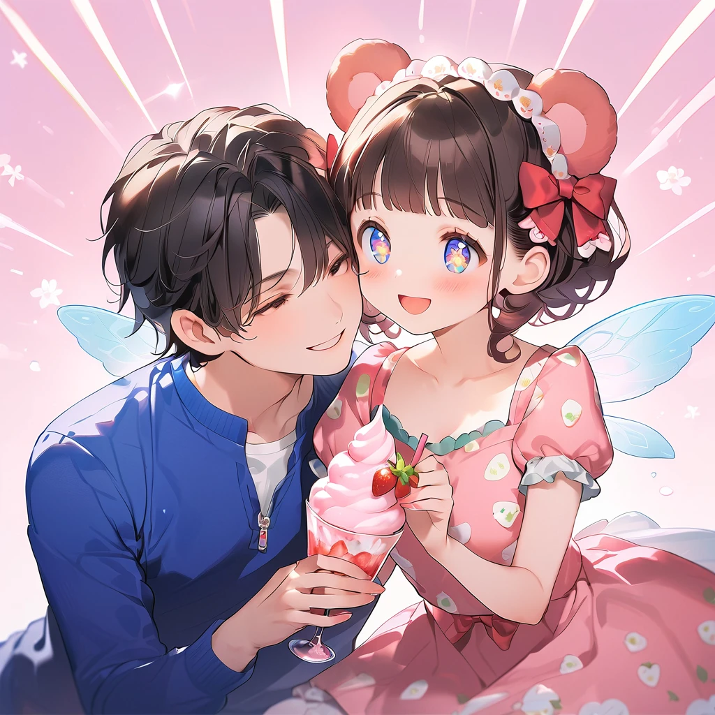 A lovely couple, long haired girl, short haired boy, brown slightly curly hairstyle, anime big eyes, sparkling eyes, super cute, wearing cute strawberry bear clothes, pink and white strawberry bear flower clothing, strawberry ice cream, romantic charm, fairy tale anime style, kawaii art, warm background, ultra-high definition image quality, natural light, laser set