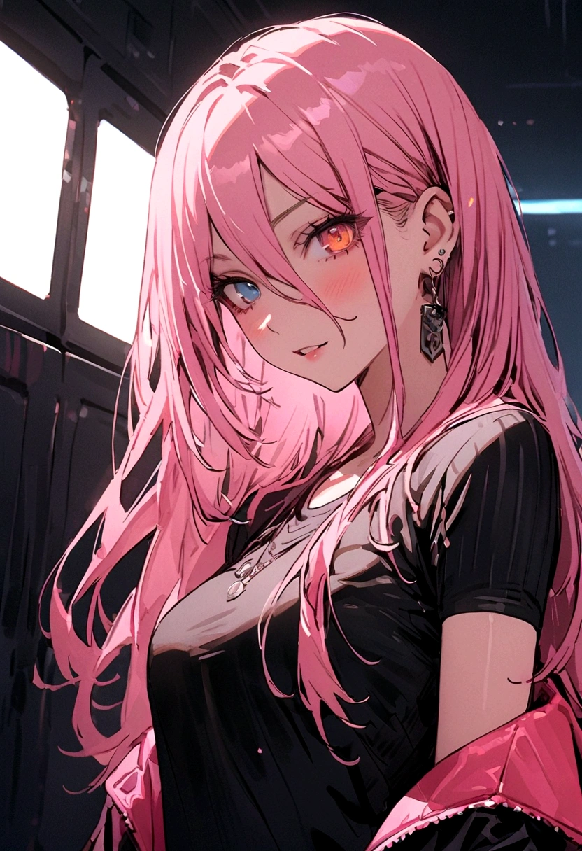 Cyberpunk, Girl, 1girl, Beautiful lady in office black shirt with buttons and shorts, office like longer pink coat, long pink hair, Multi-colored hair, multi-colored eyes, heterochromia, tall, thin, beautiful lady, perfect body, slim, blueeyes, office suit, elongated, Prominent Jaw, Thin girl, skinny girl, perfect skinny girl, teen, 16 years old, 