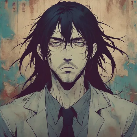 anime sombrio, man with long hair