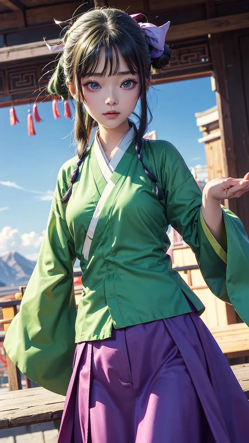 masuter piece, Best Quality, 超A high resolution, top-quality, Anime style, 1girll, Maomao, Chinese style kimono, Green outerwear, Purple long skirt, Blue eyes, Green hair