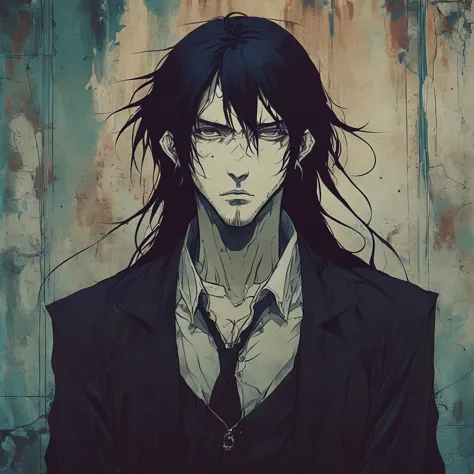 anime sombrio, man with long hair, gotic clothes