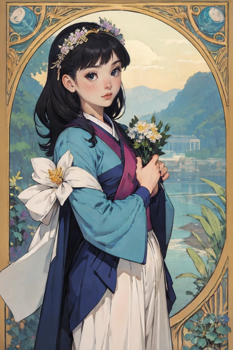 Painting of a woman with flowers on her head, A girl designed by Hajime Sorayama, Korean Art Nouveau Animation, oh and krenz cushart, By Yoshihiko Wada, Moebius + Reusch + oh, Gweitz&#39;Masterpiece, hajime sorayama&#39;style, Beautiful anime art, Inspired by Ross Tran、skeletally correct、Clothes that expose the nipples should be hidden、skeletally correct形の指、Cute Five Fingers、Very thick and large nipples、she has her nipples pierced、Nipple piercing is visible、