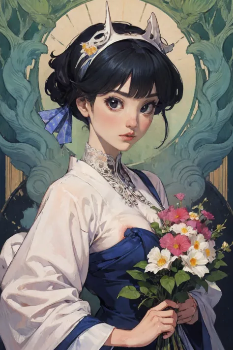 Painting of a woman with flowers on her head, A girl designed by Hajime Sorayama, Korean Art Nouveau Animation, oh and krenz cus...