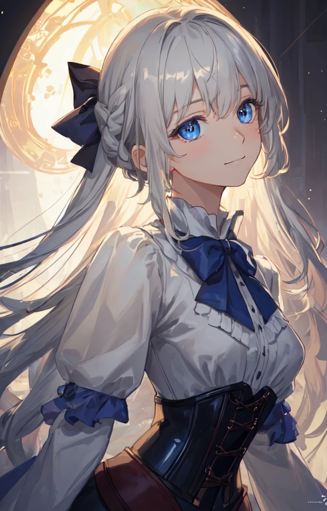 masterpiece, best quality, (extremely detailed CG unity 8k wallpaper), (best quality), (best illustration), (best shadow), absurdres, realistic lighting, (Abyss), beautiful detailed glow, (portrait:1.22), head tilt, anime, solo, 1girl, close up shot, from the side, dress, ribbon bow, ribbon tie, long braided white hair, (gray eyes, mixed eyes, blue eyes, bright eyes:1.1), dignified, princess, corset, (smile:0.92), soft expression, composition, gentle, tidy hair, royalty, royal family, (eye symbols, symbol eyes, magical eyes, marked eyes, Wuthering Waves:1.04), (stealthtech, cutting edge, sleek angular, scifi:1.2)