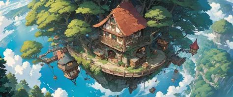 ghibli, flying house, sky, ultra detailed, official art, masterpiece, illustration
