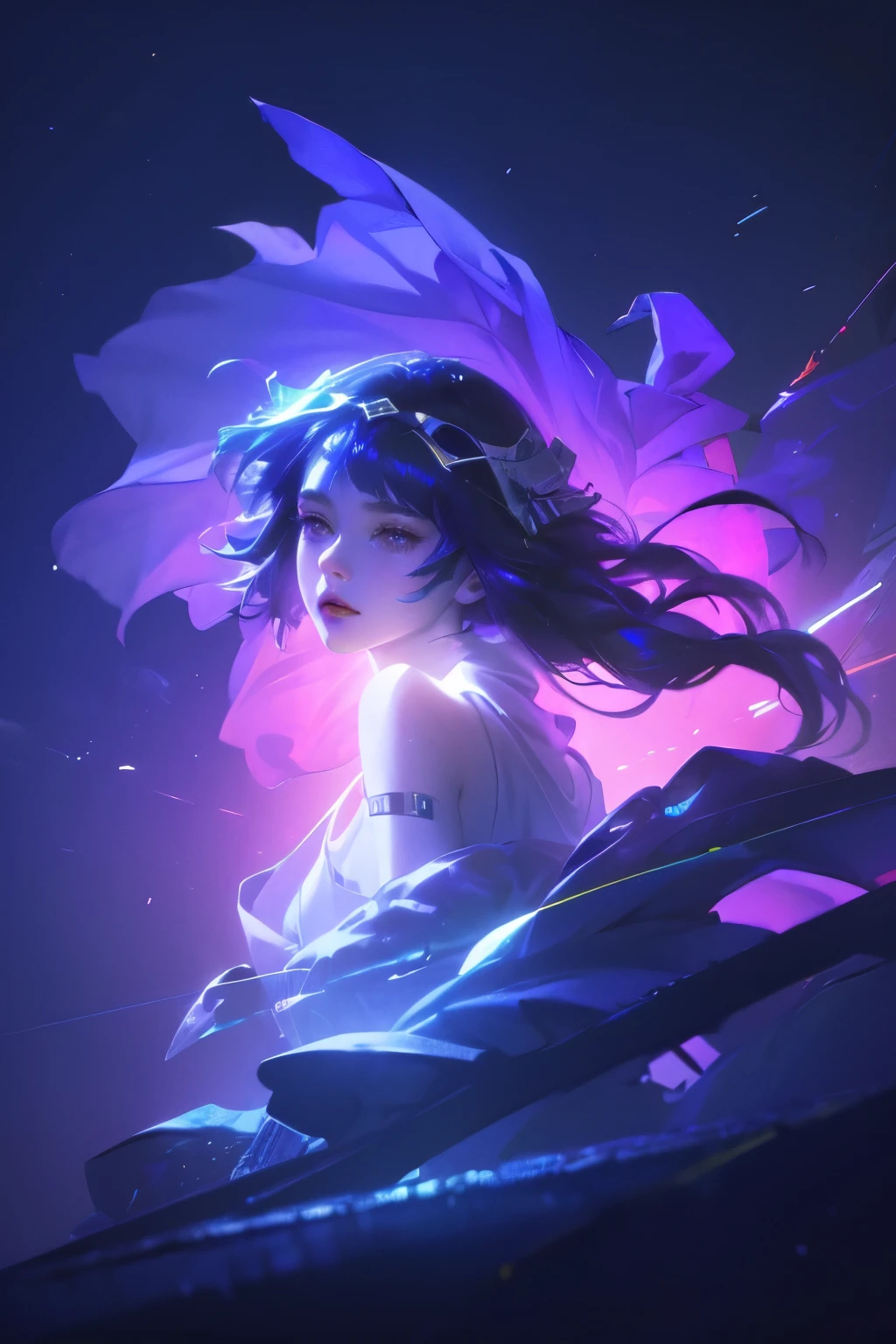 (masterpiece), best quality, Ultra-high resolution,Little Girl, Cyberpunk 1girl flies over amazing city landscape ,hoodie,Blue Hair,  Neon Colors流星, Very long hair, Off-shoulder, Feather hair accessories, Neon Colors, Flash, Stunning Night Sky, light, Reality, Realistic skin, Human Development Report,Fisheye