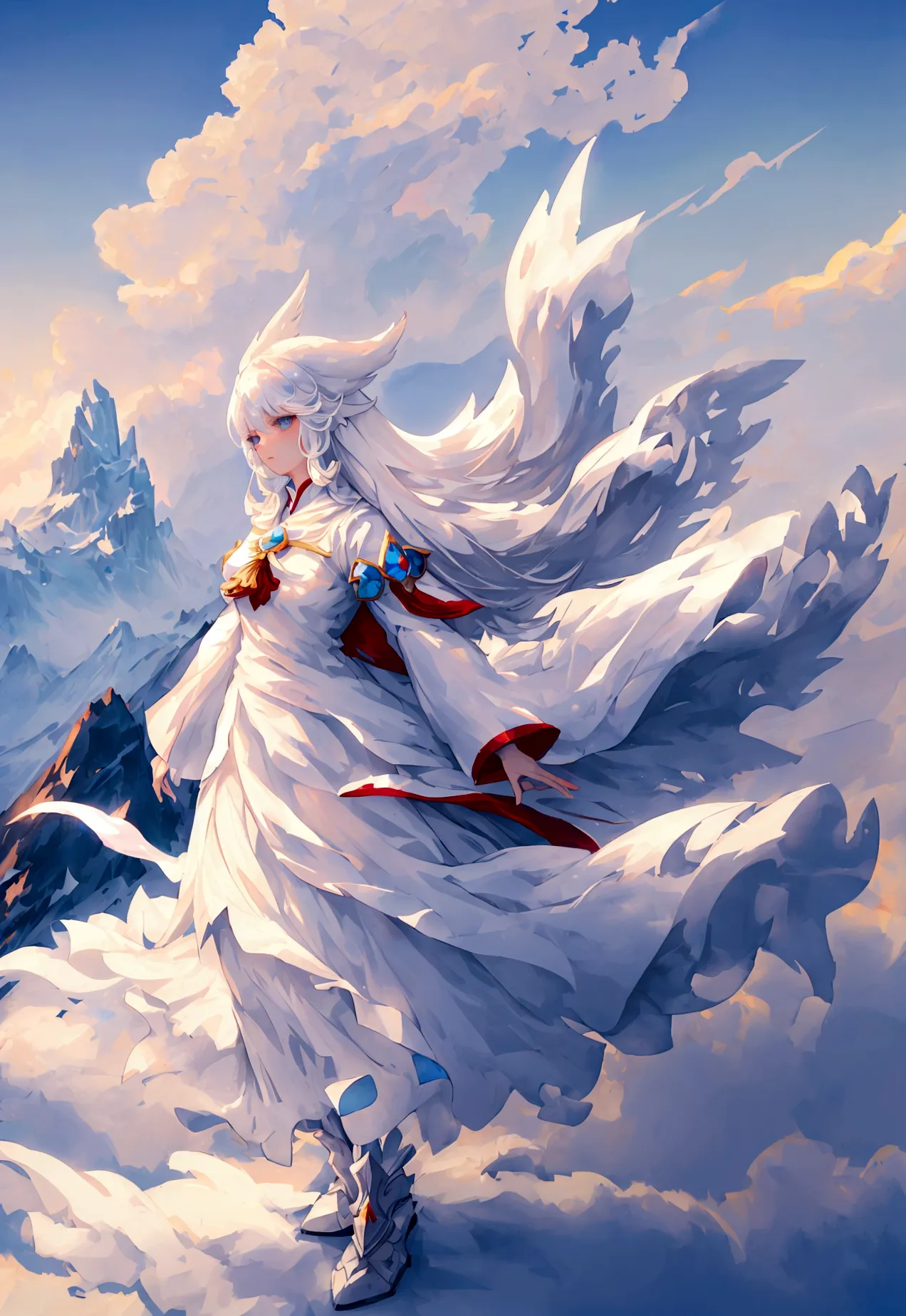 Character (woman) (white long hair) (white mage-style clothing) (character in dynamic pose) (full body) (smooth color blend) (mo...