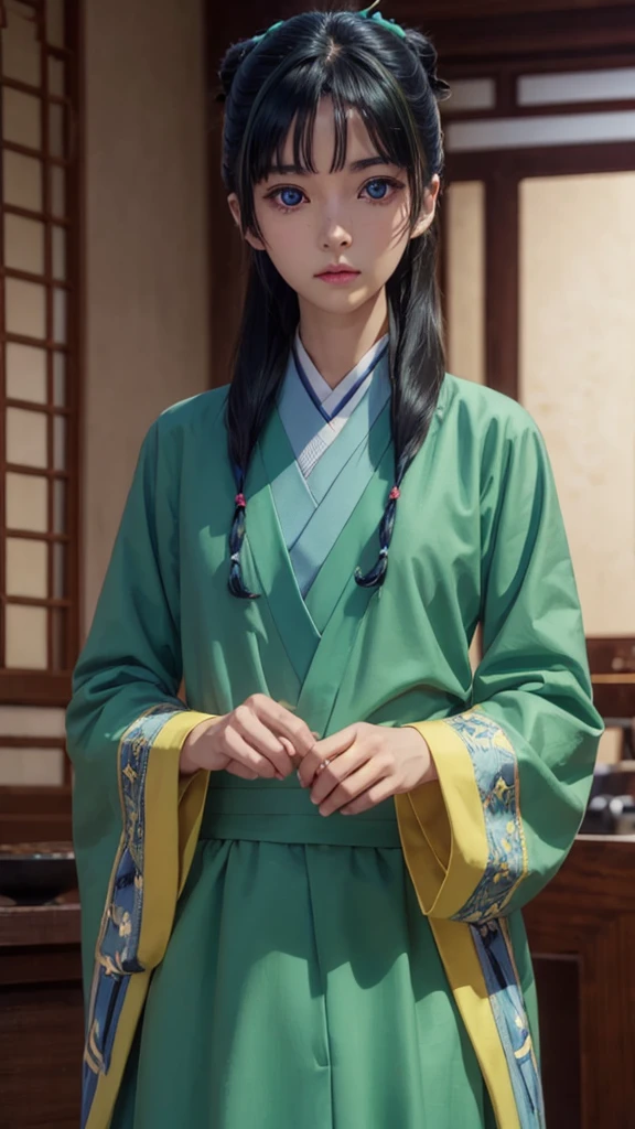 kusuriyamaomao, maomao, long hair, bangs, blue eyes, hair ornament, green hair, blunt bangs, freckles, hair bun, single hair bun,
BREAK japanese clothes, robe, green robe, long sleeves, wide sleeves, skirt, red skirt,
BREAK indoors,
BREAK looking at viewer, (cowboy shot:1.5),
BREAK (masterpiece:1.2), best quality, high resolution, unity 8k wallpaper, (illustration:0.8), (beautiful detailed eyes:1.6), extremely detailed face, perfect lighting, extremely detailed CG, (perfect hands, perfect anatomy),