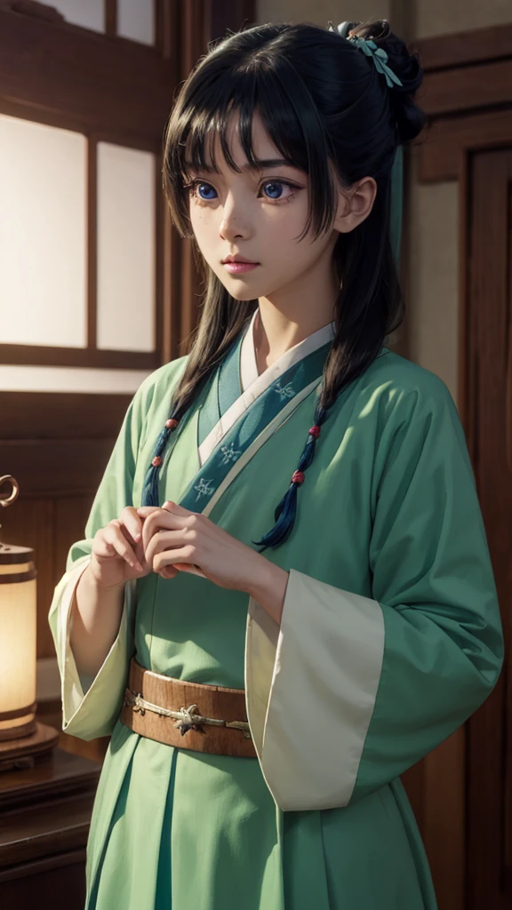 kusuriyamaomao, maomao, long hair, bangs, blue eyes, hair ornament, green hair, blunt bangs, freckles, hair bun, single hair bun,
BREAK japanese clothes, robe, green robe, long sleeves, wide sleeves, skirt, red skirt,
BREAK indoors,
BREAK looking at viewer, (cowboy shot:1.5),
BREAK (masterpiece:1.2), best quality, high resolution, unity 8k wallpaper, (illustration:0.8), (beautiful detailed eyes:1.6), extremely detailed face, perfect lighting, extremely detailed CG, (perfect hands, perfect anatomy),