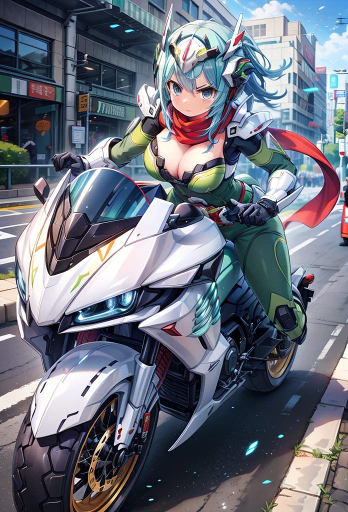 (masterpiece:1.2), best quality, high resolution, extremely detailed CG, absurdres, highres,1girl, solo, (serious:1.3), henshin belt, ((dark_blue_hair)), mecha belt, headgear, (red_scarf), black and green powersuit, white armor, on a cyber motorcycle, thighs, cleavage, blue_hair, red_scarf, mecha_armored, mecha_belt, headgear