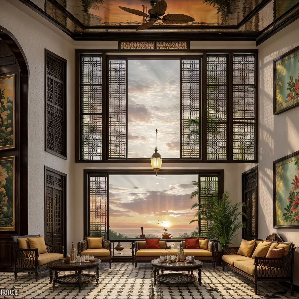 Raw photo, Masterpiece, high quality, best quality, authentic, super detail, interior, indoors, indochine livingroom with couch,rug, coffe table, dark tile floor, (sunset:1.1), vivid color, vray,