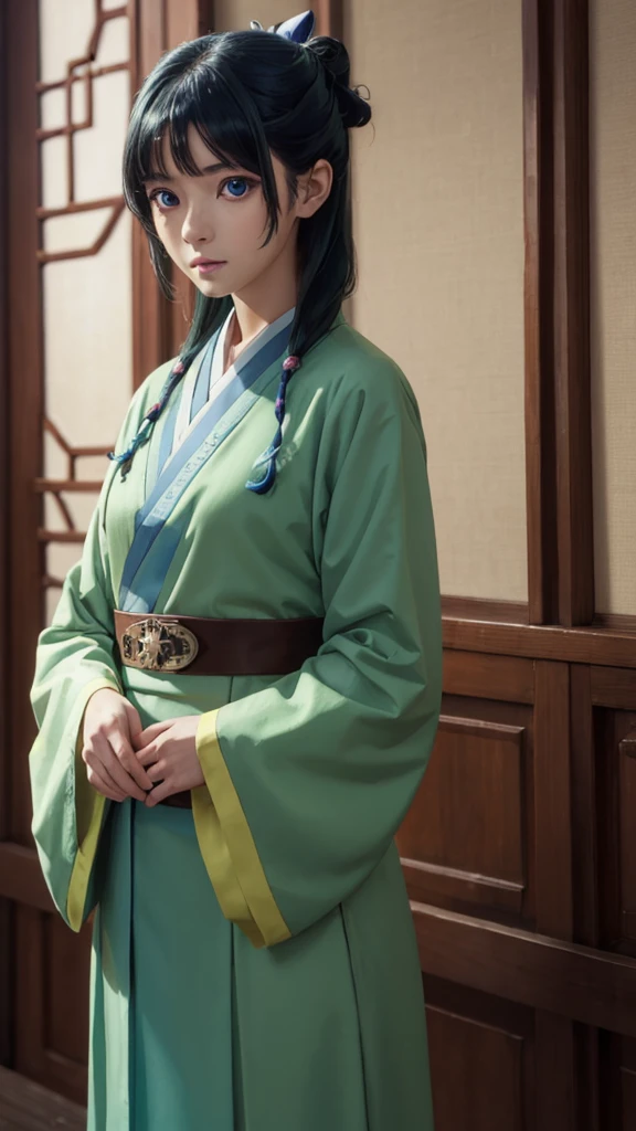 kusuriyamaomao, maomao, long hair, bangs, blue eyes, hair ornament, green hair, blunt bangs, freckles, hair bun, single hair bun,
BREAK japanese clothes, robe, green robe, long sleeves, wide sleeves, skirt, (red skirt),
BREAK indoors,
BREAK looking at viewer, (cowboy shot:1.5),
BREAK (masterpiece:1.2), best quality, high resolution, unity 8k wallpaper, (illustration:0.8), (beautiful detailed eyes:1.6), extremely detailed face, perfect lighting, extremely detailed CG, (perfect hands, perfect anatomy),