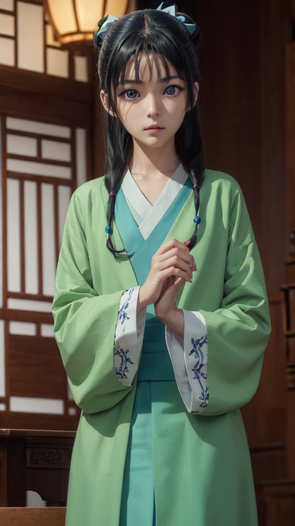 kusuriyamaomao, maomao, long hair, bangs, blue eyes, hair ornament, green hair, blunt bangs, freckles, hair bun, single hair bun,
BREAK japanese clothes, robe, green robe, long sleeves, wide sleeves, skirt, (red skirt),
BREAK indoors,
BREAK looking at viewer, (cowboy shot:1.5),
BREAK (masterpiece:1.2), best quality, high resolution, unity 8k wallpaper, (illustration:0.8), (beautiful detailed eyes:1.6), extremely detailed face, perfect lighting, extremely detailed CG, (perfect hands, perfect anatomy),