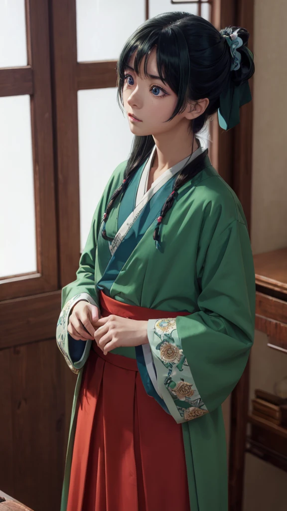 kusuriyamaomao, maomao, long hair, bangs, blue eyes, hair ornament, green hair, blunt bangs, freckles, hair bun, single hair bun,
BREAK japanese clothes, robe, green robe, long sleeves, wide sleeves, skirt, (red skirt),
BREAK indoors,
BREAK looking at viewer, (cowboy shot:1.5),
BREAK (masterpiece:1.2), best quality, high resolution, unity 8k wallpaper, (illustration:0.8), (beautiful detailed eyes:1.6), extremely detailed face, perfect lighting, extremely detailed CG, (perfect hands, perfect anatomy),