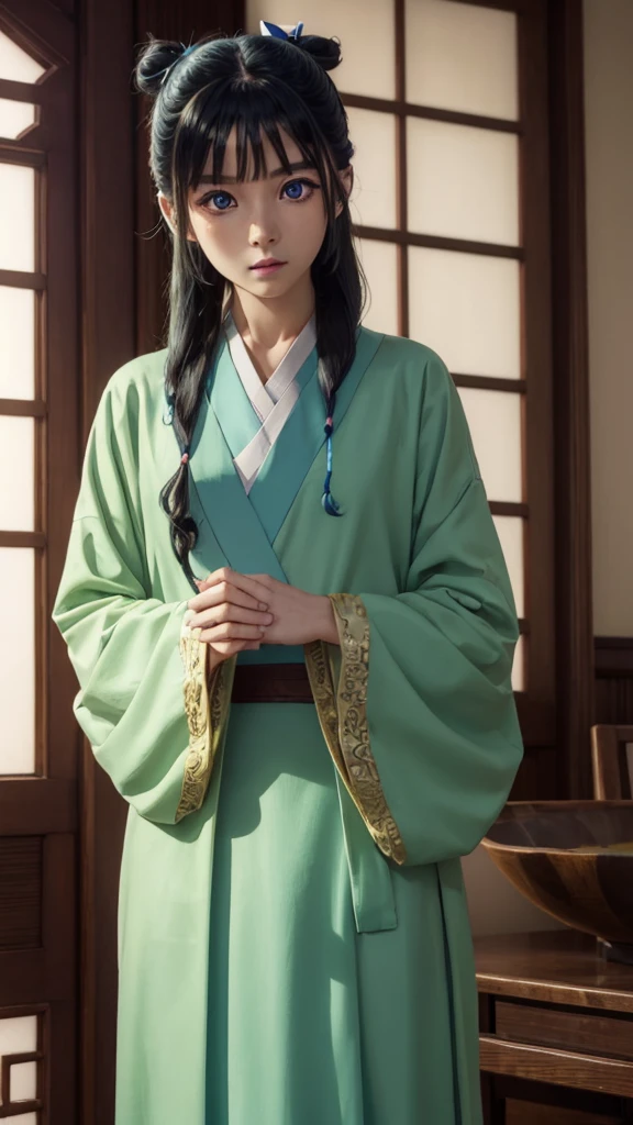 kusuriyamaomao, maomao, long hair, bangs, blue eyes, hair ornament, green hair, blunt bangs, freckles, hair bun, single hair bun,
BREAK japanese clothes, robe, green robe, long sleeves, wide sleeves, skirt, (red skirt),
BREAK indoors,
BREAK looking at viewer, (cowboy shot:1.5),
BREAK (masterpiece:1.2), best quality, high resolution, unity 8k wallpaper, (illustration:0.8), (beautiful detailed eyes:1.6), extremely detailed face, perfect lighting, extremely detailed CG, (perfect hands, perfect anatomy),