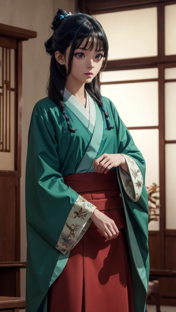 kusuriyamaomao, maomao, long hair, bangs, blue eyes, hair ornament, green hair, blunt bangs, freckles, hair bun, single hair bun,
BREAK japanese clothes, robe, green robe, long sleeves, wide sleeves, skirt, (red skirt),
BREAK indoors,
BREAK looking at viewer, (cowboy shot:1.5),
BREAK (masterpiece:1.2), best quality, high resolution, unity 8k wallpaper, (illustration:0.8), (beautiful detailed eyes:1.6), extremely detailed face, perfect lighting, extremely detailed CG, (perfect hands, perfect anatomy),