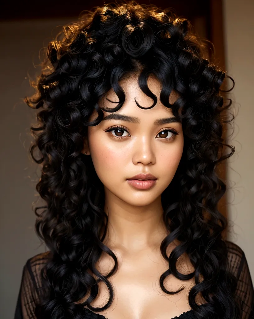 A beautiful and amazing 30 year old indonesian woman，portrait of upper body，Free curls, Black curly hair, (dark shorter curly ha...