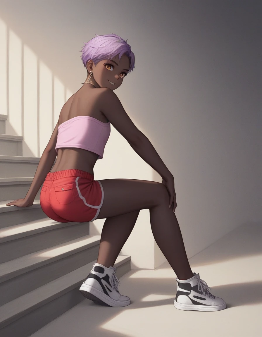 sassy, ​​childish, skinny, black skin, sissy, young boy, pink slider hairstyle, amber eyes, perky ass, earrings, purple bare shoulder shirt, red shorts, black sneakers, smiling, cool pose in front of a luxurious mansion, ecchi anime, style Murata Range, masterpiece, cinematic, dramatic, dynamic view, full body,