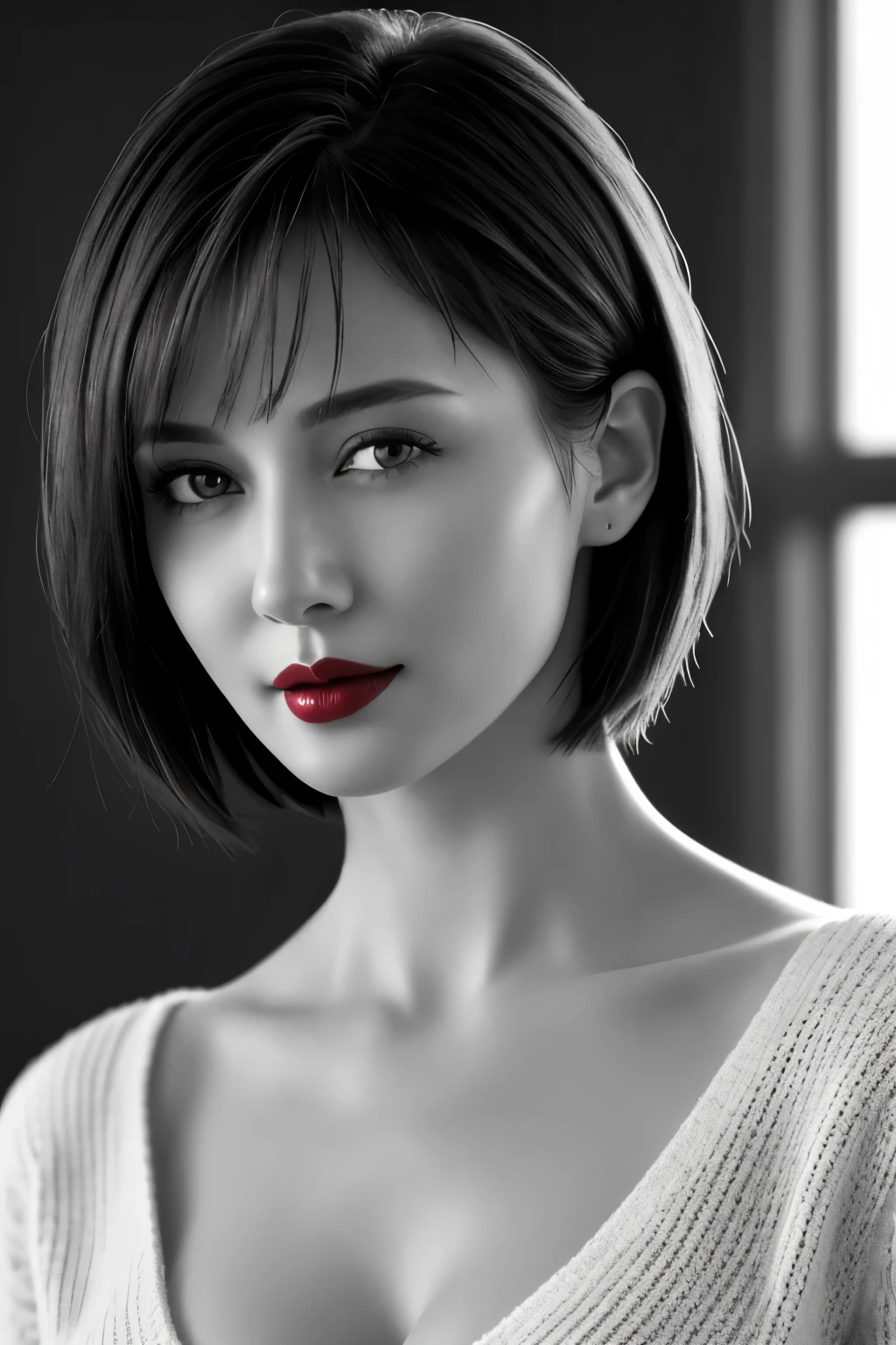 Tabletop, Highest quality, Realistic, Very detailed, finely, High resolution, 8k wallpaper, RAW Photos, Professional, High level of detail, 1 Girl, (((Black and white photography))), (((Red lips))), ((Looking into the camera)), (look forward to), Upper Body, short hair, Bob Hair, (Straight hair), Shapely breasts, Cleavage, V-neck light knit sweater