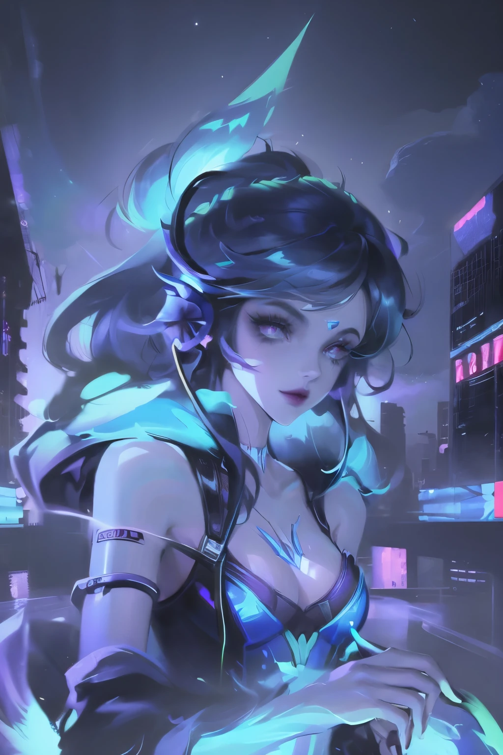 (ผลงานชิ้นเอก), คุณภาพดีที่สุด, ความละเอียดสูงเป็นพิเศษ,, Cyberpunk 1girl บินอยู่เหนือภูมิทัศน์เมืองที่น่าทึ่ง ,หมวก,ผมสีฟ้า,  สีนีออน流星, ผมยาวมาก, ปิดไหล่, เครื่องประดับผมขนนก, สีนีออน, แฟลช, ท้องฟ้ายามค่ำคืนอันน่าทึ่ง, แสงสว่าง, ความเป็นจริง, ผิวที่สมจริง, รายงานการพัฒนามนุษย์,ฟิชอาย