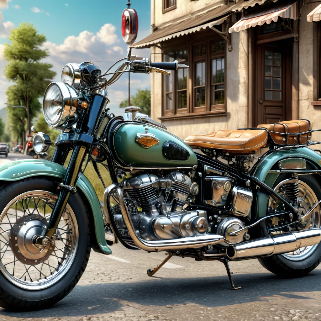 3D Rendering，Vintage motorcycles，masterpiece, Very detailed, Realistic original photos, Best quality, Extremely delicate texture, High-quality works by art masters，Beautiful scenery，Roadside，panoramic