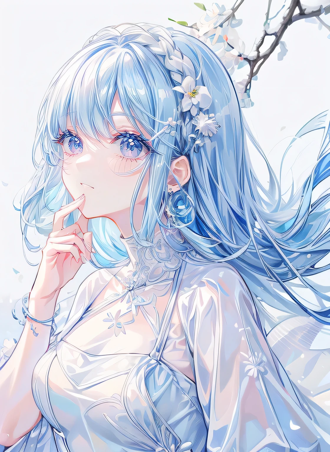 (muste piece), (best quality), very detailed, 1 girl, perfect face, very detailed顔, light blue hair，(blue eyes:1.4)，(simple white dress:1.5)，winter, Tree branches with white flowers, winter background, 