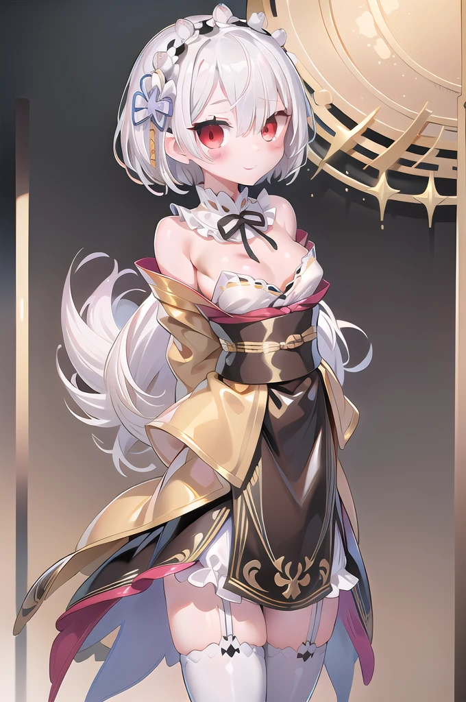 (1girl,solo),cowboy shot,standing,(white hair:1.6),(short hair:1.2),hair over one eye,ribbon trim, hair ribbon, x hair ornament,(red eyes:1.4),(beautiful fingers:1.4),(perfect anatomy:1.6),(arms_behind_back:1.6),(cold_shoulder:1.2),BREAK,(gold kimono:1.7),(silk lace glossy lamé:1.4),(latex luster shiny glossy:1.6),(shiny_clothes:1.6),small breasts,(thin thighs:1.6),(gold thigh boots:1.4),(masterpiece),best quality,(Ultra high definition eyes:1.2),8k,(Beautiful detailed eyes:1.2),(Fine and beautiful eyes:1.2),(pretty eyes:1.2),finely detail,extremely CG, absurdres,high resolution,illustration,Detailed and beautiful outlines,finely detail,high resolution,(colorful refraction:1.4,Increase saturation:1.2),beautiful lighting,dynamic lighting,closed room,black background,simple background, smile,looking at viewer,ram1,ram \(re:zero\), white thighhighs, maid headdress, garter straps, black ribbon, long sleeves, neck ribbon, purple ribbon, wide sleeves, hair flower,(sheer sleeves:1.6